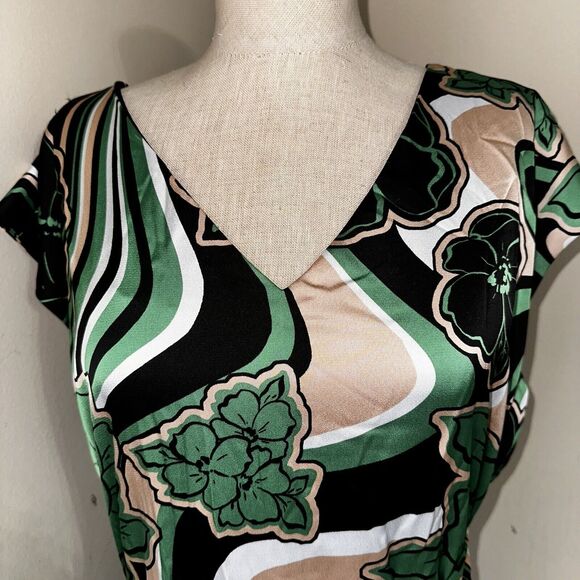 NWT Anne Klein Floral Green Black White Belted Midi Dress Women's Size 4 $139 - Picture 14 of 15